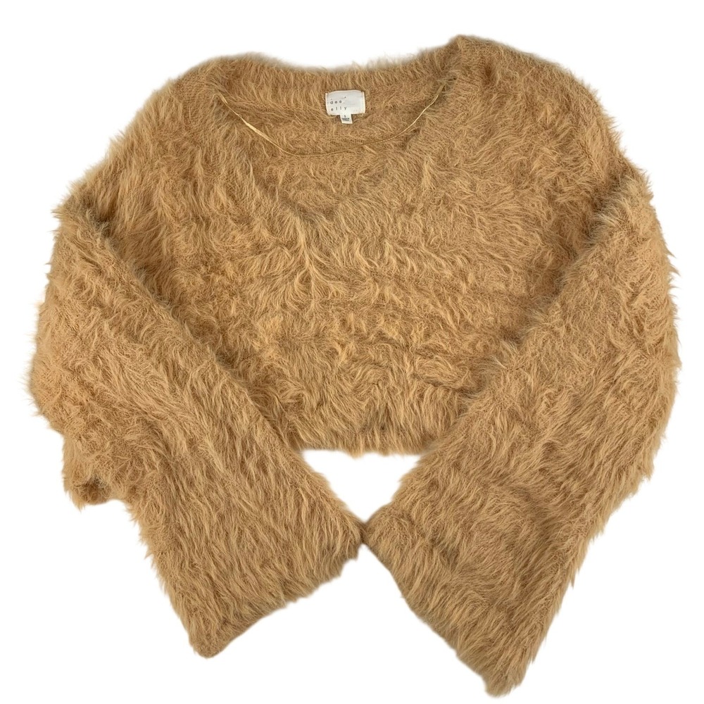 Dee Elly Womens Camel‎ Tan Fuzzy Eyelash Knit Cropped V-Neck Sweater Small